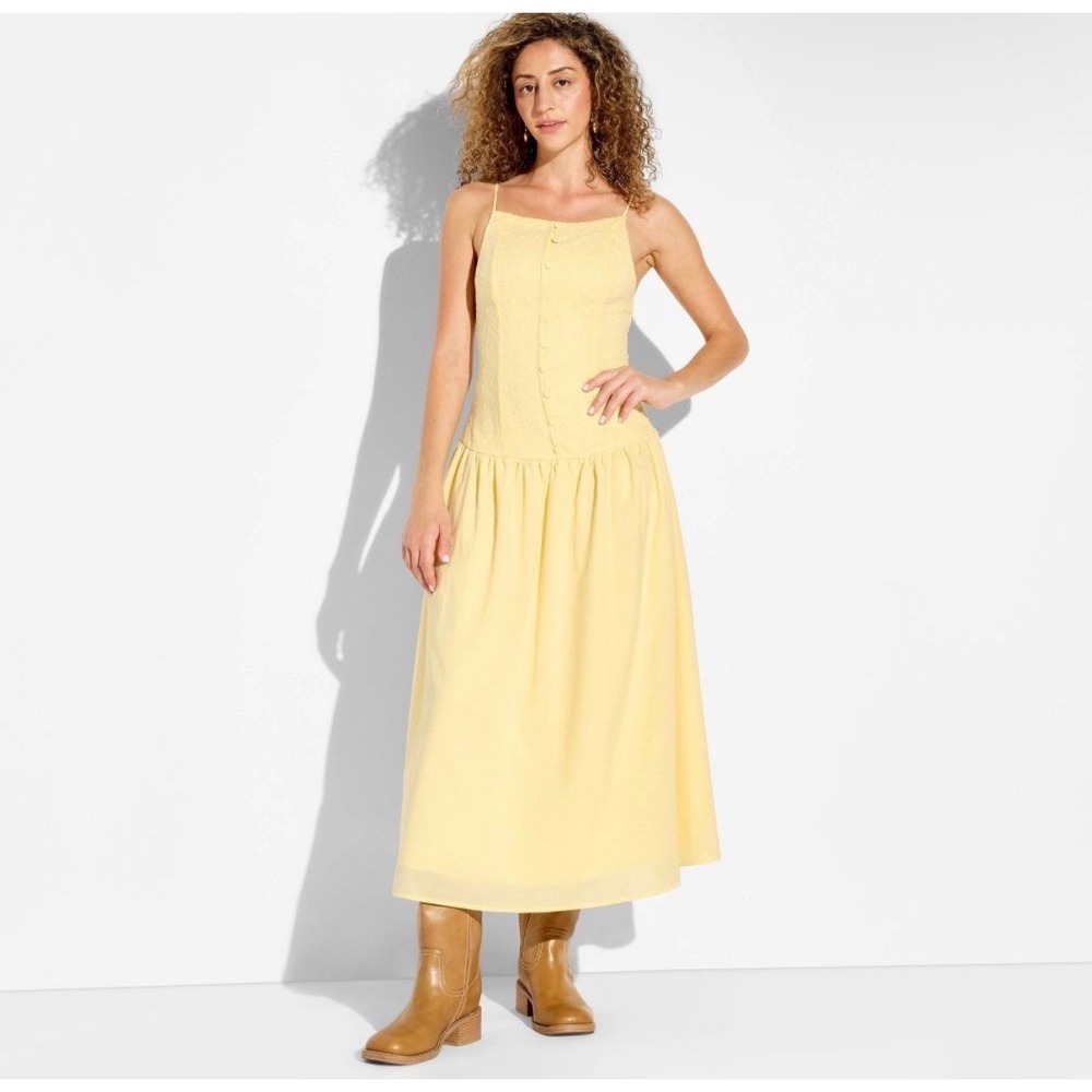 Wild Fable Yellow Eyelet Button Front Dropped Waist Midi Dress XS VN1973322